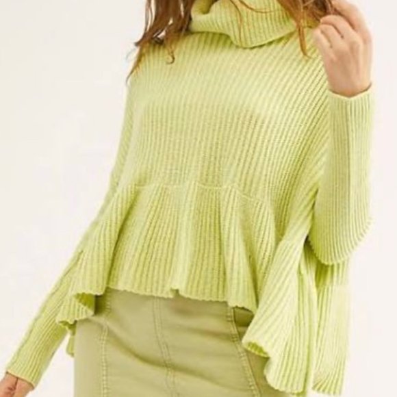 FREE PEOPLE | Neon Lime Green Cowl Neck Ruffle Hem Layer Cake Boho Knit Sweater - Picture 4 of 9